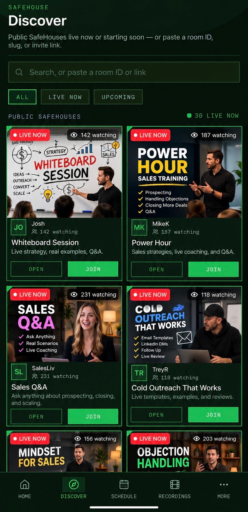 SafeHouse Discover screen showing public live rooms, audience counts, and join controls