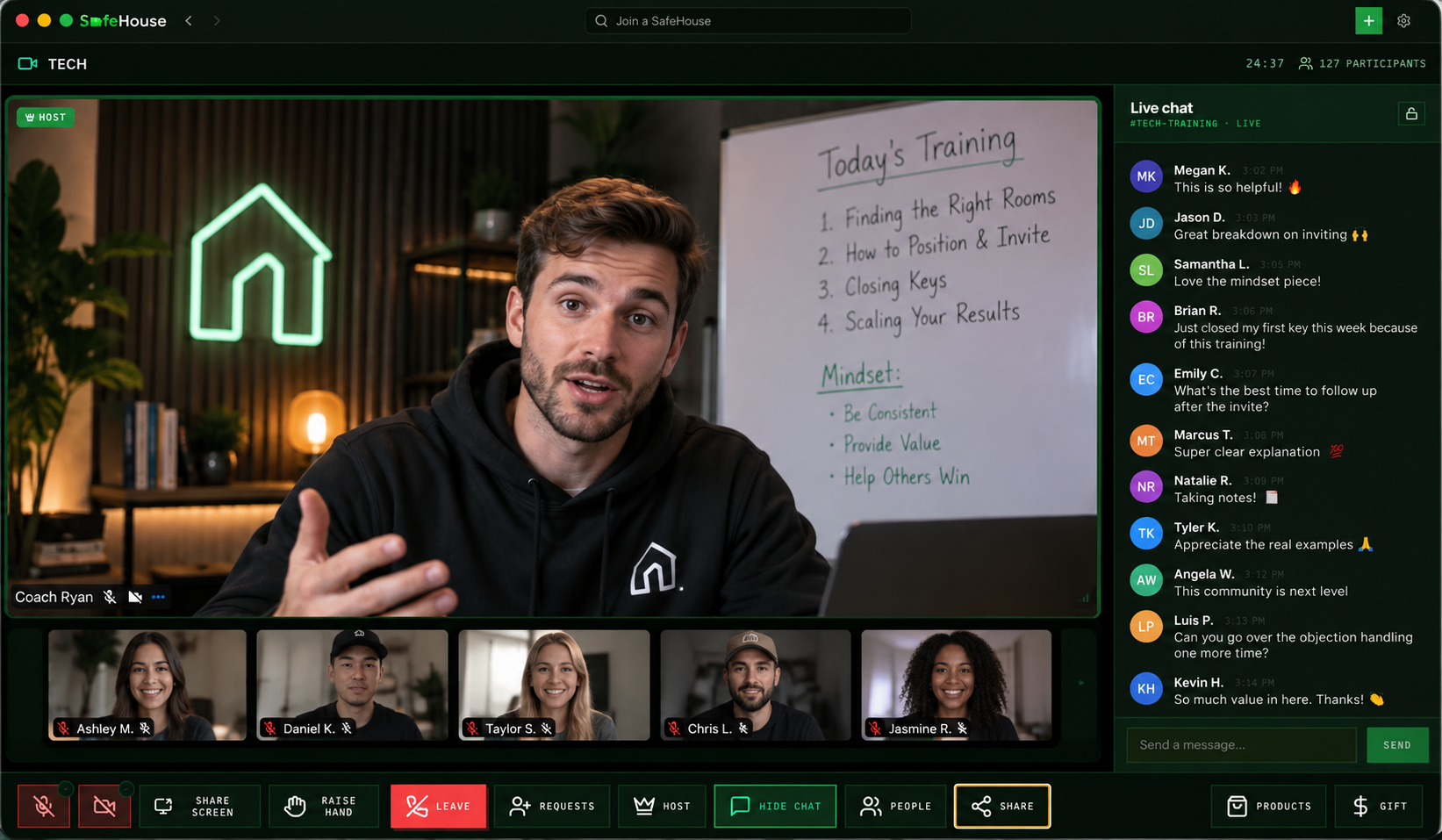 SafeHouse live room with video stage, hosts, participant gallery, and live chat