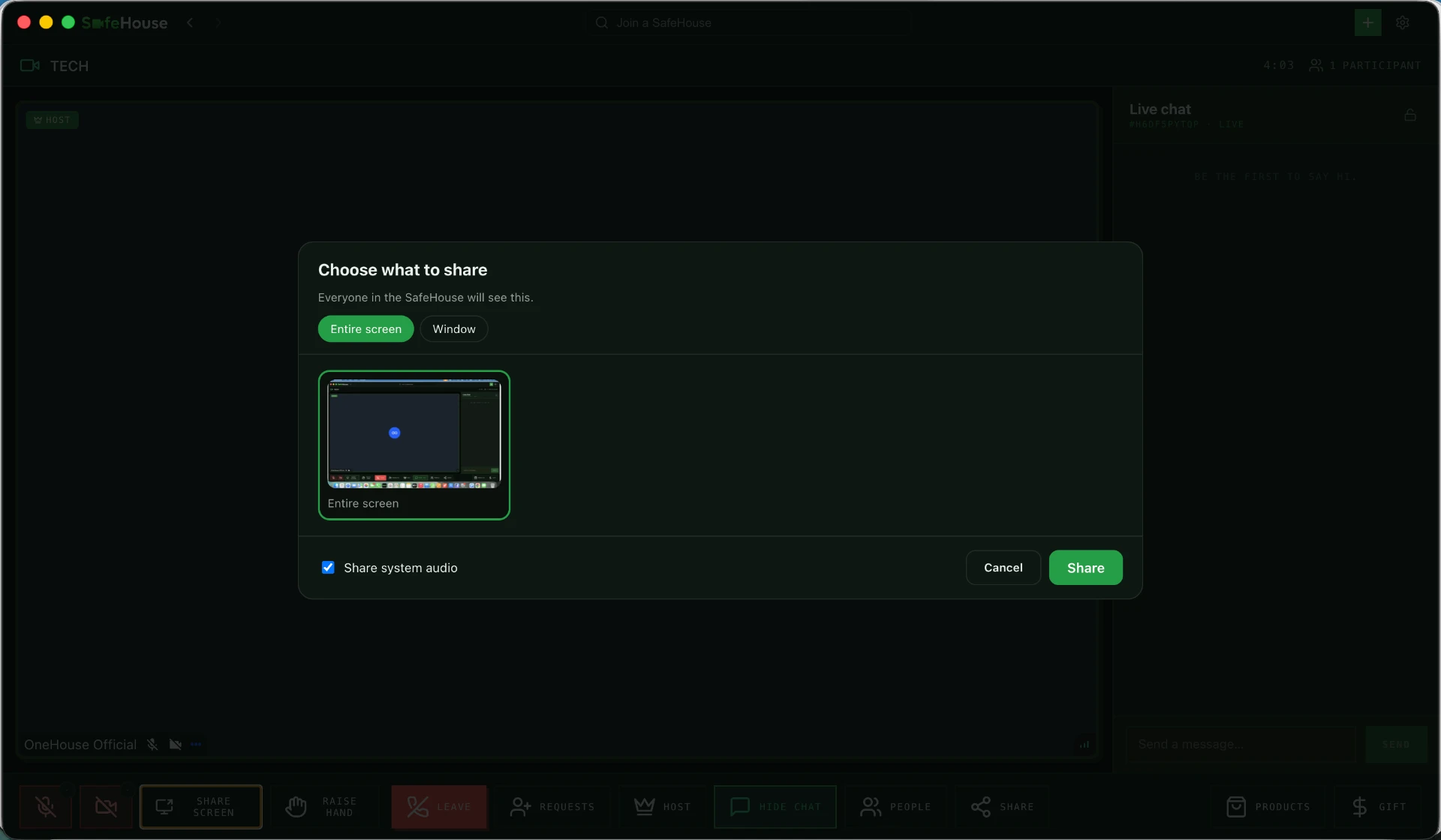 SafeHouse screen-sharing dialog for sharing your screen or a window with audio